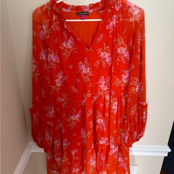 Vince Camuto Semi-Shear Floral Red Long Sleeve Tiered Ruffle V-Neck Mini Dress - Picture 2 of 12